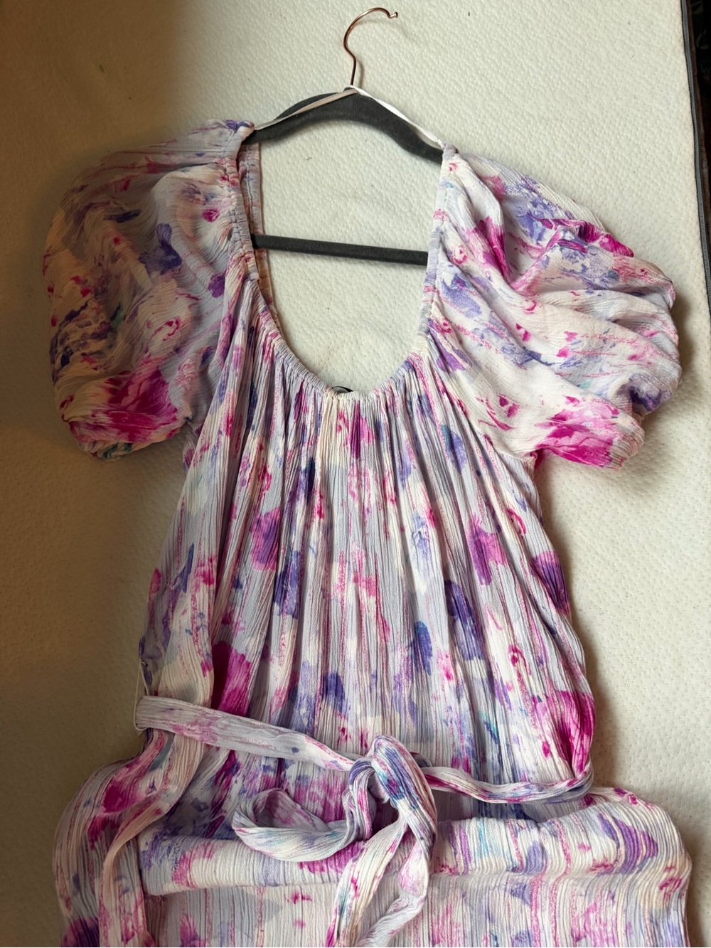 DEX Beautiful Floral Watercolor Puff Sleeve Dress - Pink & Purple,& fabric belt - Picture 2 of 5